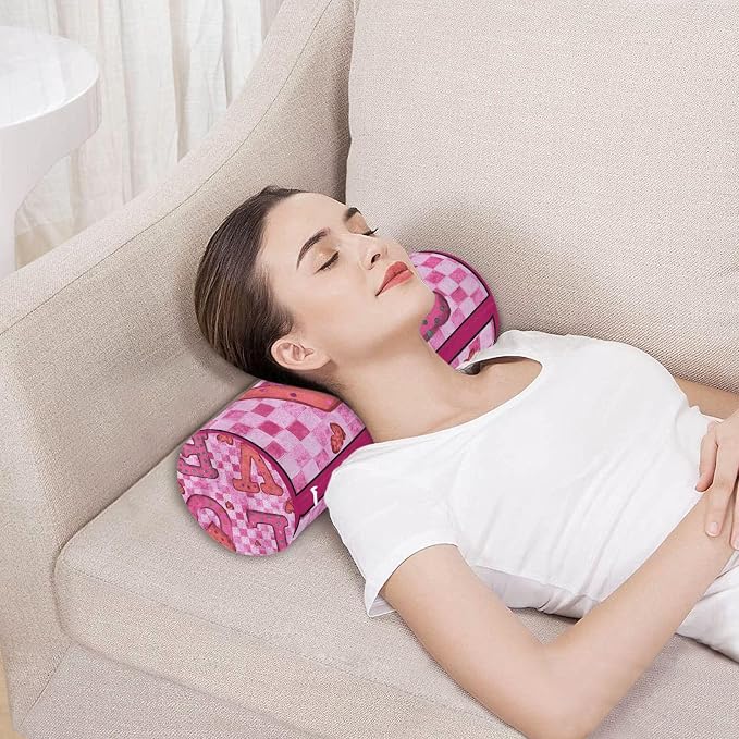 Pink Checkered Valentine Love Hearts Neck Roll Pillow Bolster Round Health Memory Foam Long Cervical Cylinder Pillows with Removable Washable Cover for Body Bed Legs Back Yoga