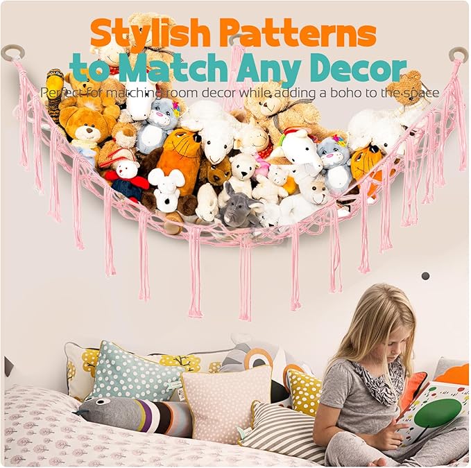 Stuffed Animal Storage Hammock Large Toy Storage Net Stuff Animal Hanging Organizer Holder for Plush Plushie Included Anchors & Hooks Teddy Bear Storage Boho Room Decor