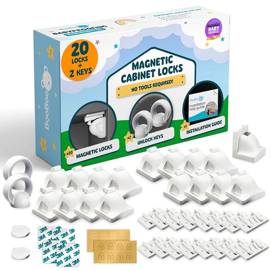 Booboo Baby Magnetic Child Safety Cupboard Locks for Children x20 Locks + x1 Key, Baby Proofing for Kitchen, Cabinets and Drawers, 30 Second Install No Drilling 3M Adhesive (20 Pack)