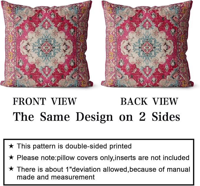 Snycler Boho Throw Pillow Covers 16x16 inch Set of 2 Boho Rug Carpet Double Sided Pattern Cotton Soft Pillow Case Cushion Cover Pillowcase for Couch Sofa Bed Decorative (Red)