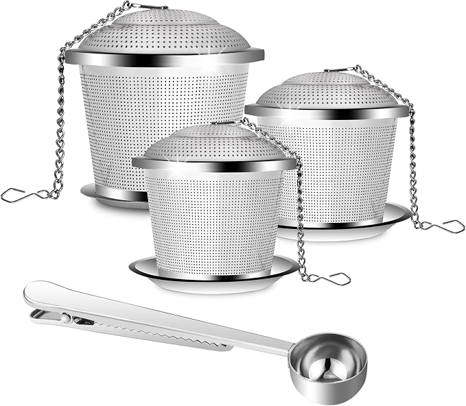 Numola Loose Leaf Tea Infuser Set | Reusable Stainless Steel Tea Balls, Fine Mesh Tea Strainers, Includes Scoop and Drip Trays, Extended Chain Hook