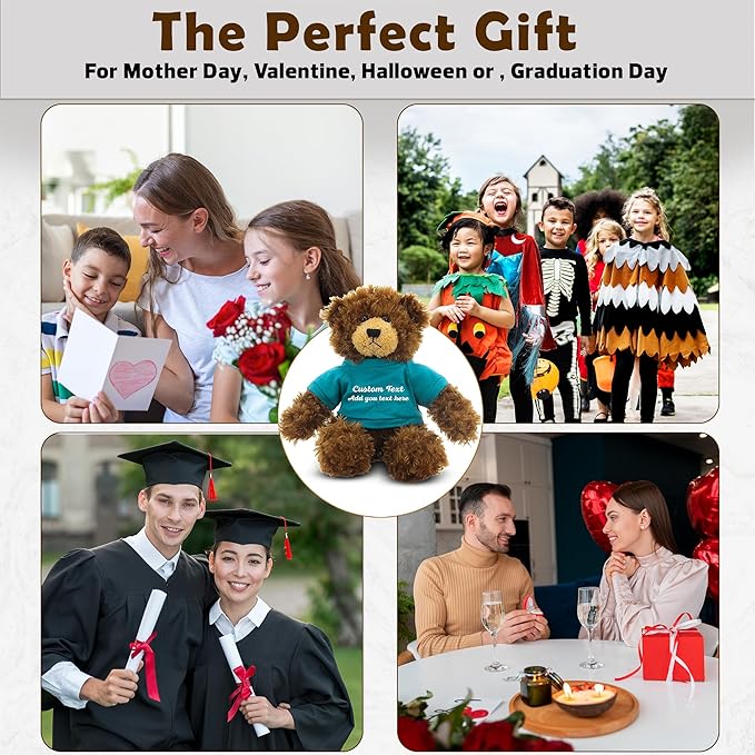 Customized Chocolate Brandon Bear - 12 inch Personalized Stuffed Bear Plush Toy - Perfect Custom Shirt Bear Gift for Graduation Valentines Graduation Easter Holidays (Teal Shirt)