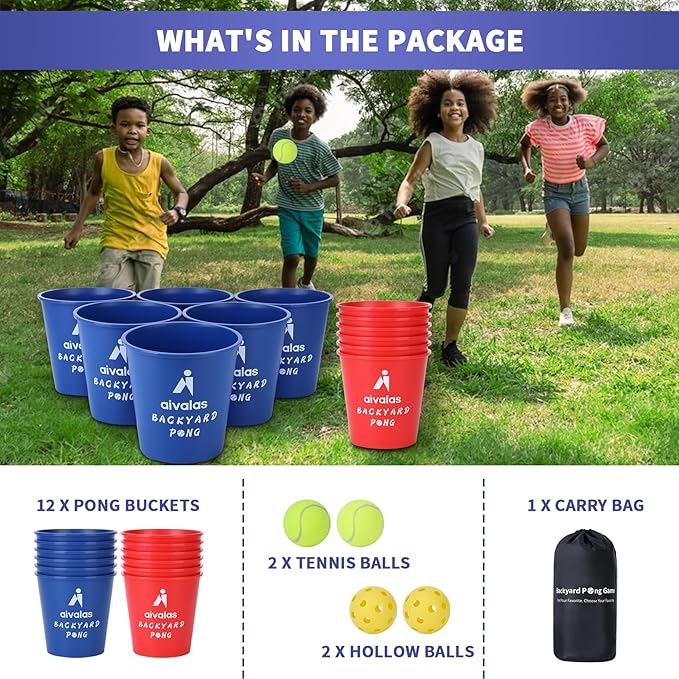 Aivalas Yard Pong Outdoor Games, Giant Yard Games Set with 12 Buckets and Balls for Adults and Family, Toss Game Throwing Games for Beach, Camping, Lawn and Backyard