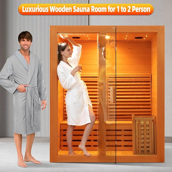 ZONEMEL Wooden Steam Sauna Room, 2 Person Canadian Red Cedar Luxurious Indoor Sauna with 3.5 KW Harvia Stove Heater, Bluetooth Speaker, Sauna Stone, Wooden Bucket, Scoop, Reading Light, 220V