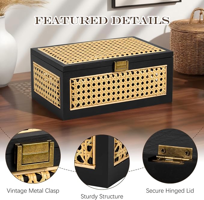 Rattan Storage Boxes Decorative Handmade Natural Wood Baskets | with Lid & Wooden Frame, Boho Rustic Wicker Stacking Woven Cane Bins, Shelf Closet Desk Organizer Container, Black, Large