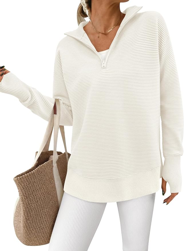 PRETTYGARDEN Womens Long Sleeve Quarter Zip Pullover Sweater Casual Loose V Neck Collared Ribbed Knit Jumper Tops Thumb Hole