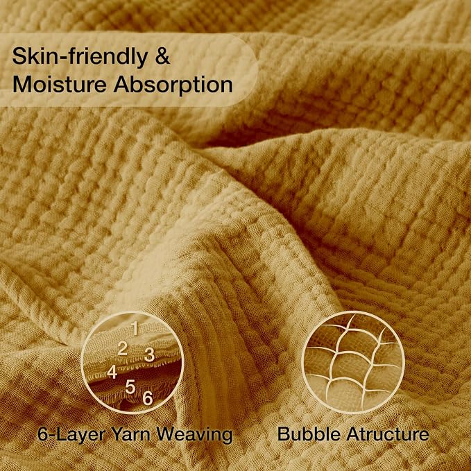 100% Cotton Muslin Blanket California King 120" x 90", 6 Layers Breathable and Lightweight Oversized Blankets for Bed, Soft Cooling Gauze Blanket for Adults All Season, Camel