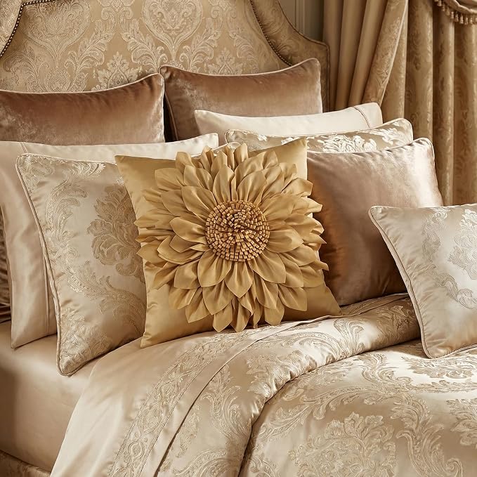 Gold Accent 3D Flower Decorative Throw Pillow Covers for Bed Sofa Couch | Bella's Giftshop Handmade Sunflower Taffeta Pillow Cases Living Room Bedroom Decor, 18x18 Inch