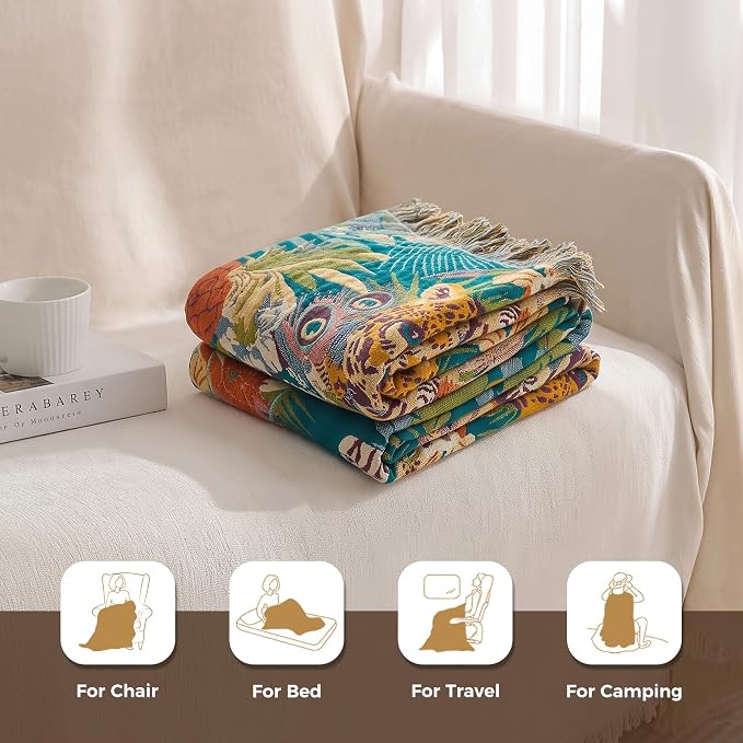 LUTBM Boho Throw Blanket for Couch 50"x60", Cotton Decorative Bed Throws | Reversible Leopard Jacquard, All-Season Muslin Blanket, For Chair Sofa Living Room, Lightweight & Breathable, Whimsical Decor