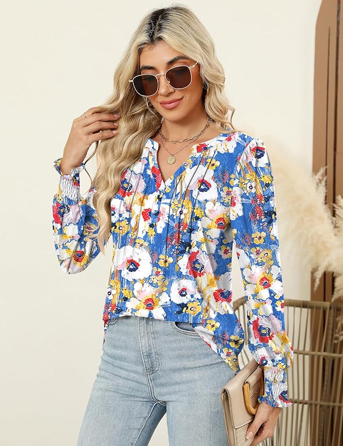 LOMON Womens Tops Dressy Casual Pleated Ruffle Long Sleeve Tunics Tops to Wear with Leggings V Neck Work Blouse