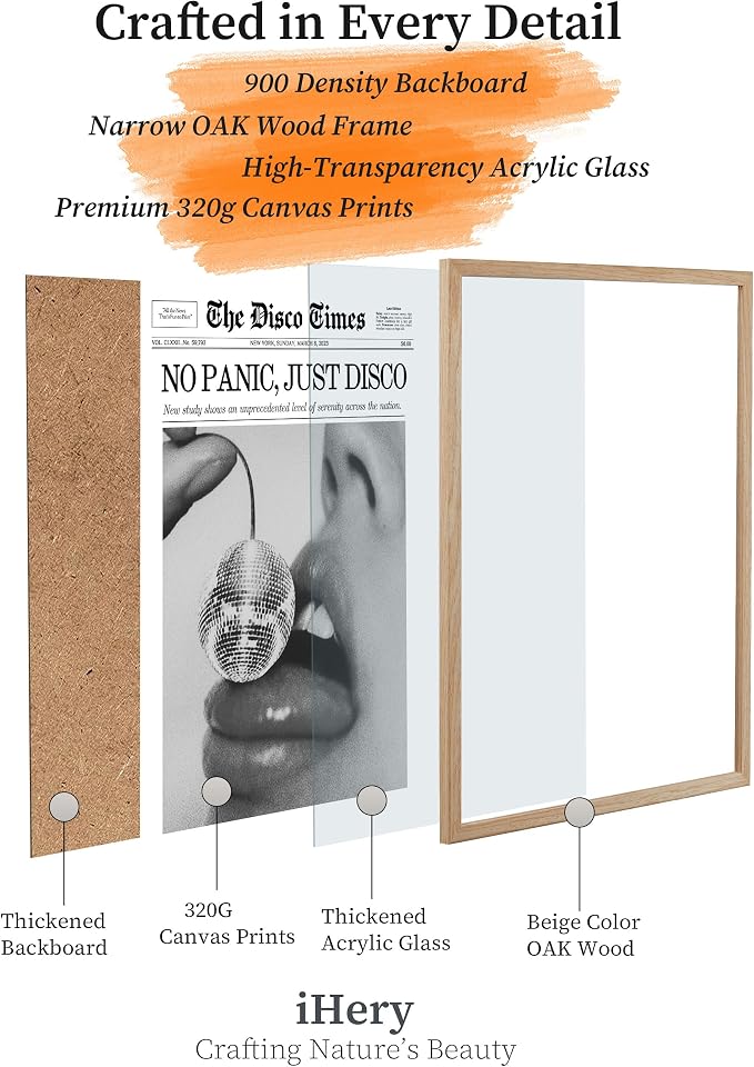iHery 16x20in No Panic Just Disco Framed Newspaper Wall Art | Natural OAK Wood Frame with Canvas Print, Retro Disco Ball Decor for Bedroom, Girl Dorm, Living Room and Home, 1Pack