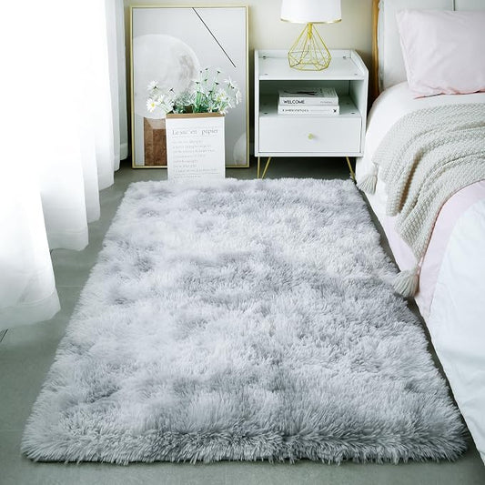 3x5 Tie-Dye Gray Fluffy Shag Rug for Bedroom, Plush Washable Carpet | Area Rug for Living Room, Kids Nursery, Boys Girls Dorm Room, Non Slip Shaggy Floor Carpet