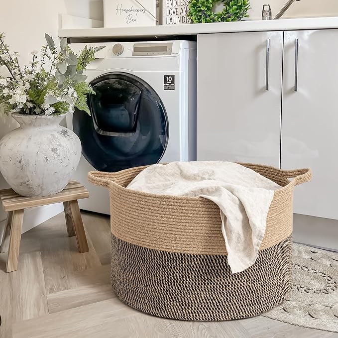 Goodpick Large Wicker Basket for Blankets, Baby Toy Storage Basket, 85L | 21.7 x 21.7 x 13.8 In Baby Storage Basket for Nursery, Blanket Basket for Living Room, Laundry Basket for Towels, Jute