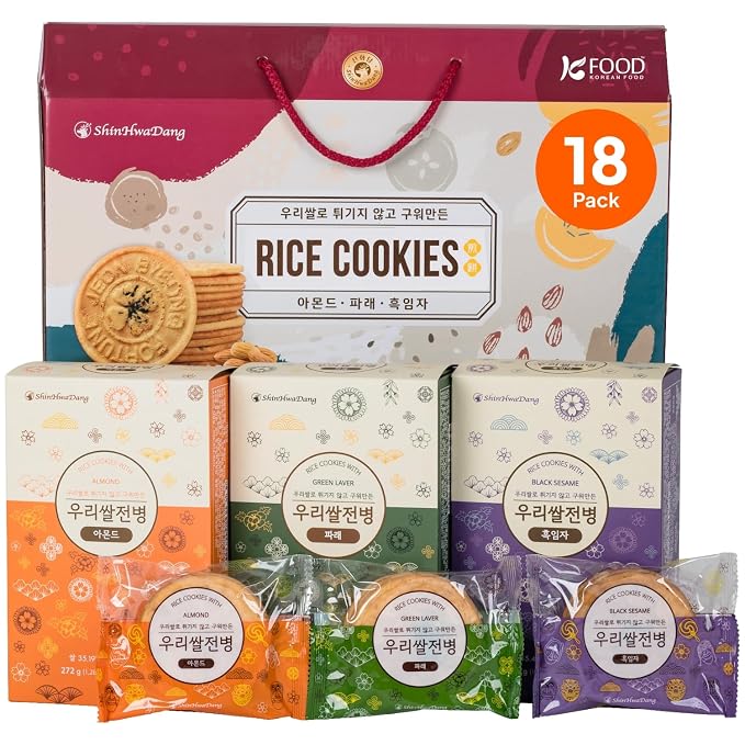 Korean Food Shinwhadang Rice Wafer Cookie Gift Set, 18Pk, Almond & Seaweed. | Gift set featuring oven-baked Korean rice wafer cookies in almond, black sesame, and seaweed flavors