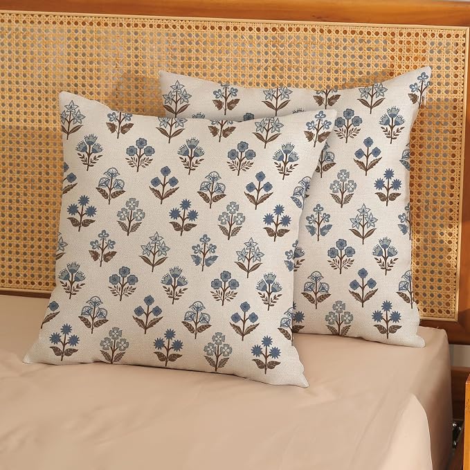 Brown Blue Pillow Covers 18x18 Set of 2 Boho Block Print Floral Pillow Cases Vintage Flower Pattern Decorative Throw Pillows Linen Outdoor Decor Farmhouse Cushion Cover for Couch Sofa Bed