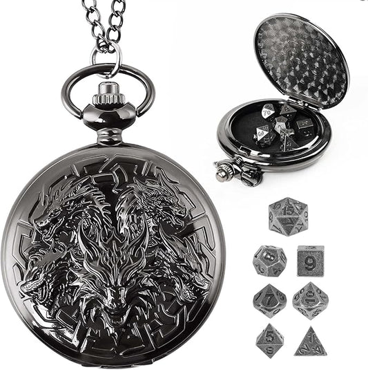 D&D Dice Set,7PCS Metal Dice for Dungeons and Dragons,Mini Dice Set with Pocket Watch Case,Role Playing Board Games Accessories (Dragon, Black)
