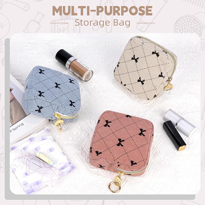 Period Bag for Teen Girls, Corduroy Cute Sanitary Napkin Storage Bag, Menstrual Pad Bag Tampon Holder for Purse (Pink-Bow Tie)