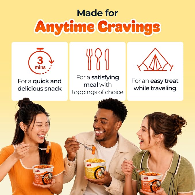 Dongwon Yangban Instant Tteokbokki Cup, 6-Pack with Forks, Sweet & Spicy Korean Rice Cakes in Gochujang-Style Chili Sauce, Microwave Ready in 3 Minutes, Mild-Medium Heat Snack, 4.23oz (120g)