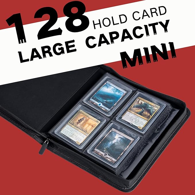 Top loader Binder, Holds 128+ Toploaders, 4 Pocket Top Loader Card Storage Case, Double-Sided Pockets for trading card in 3 x 4'' Toploaders（Red）