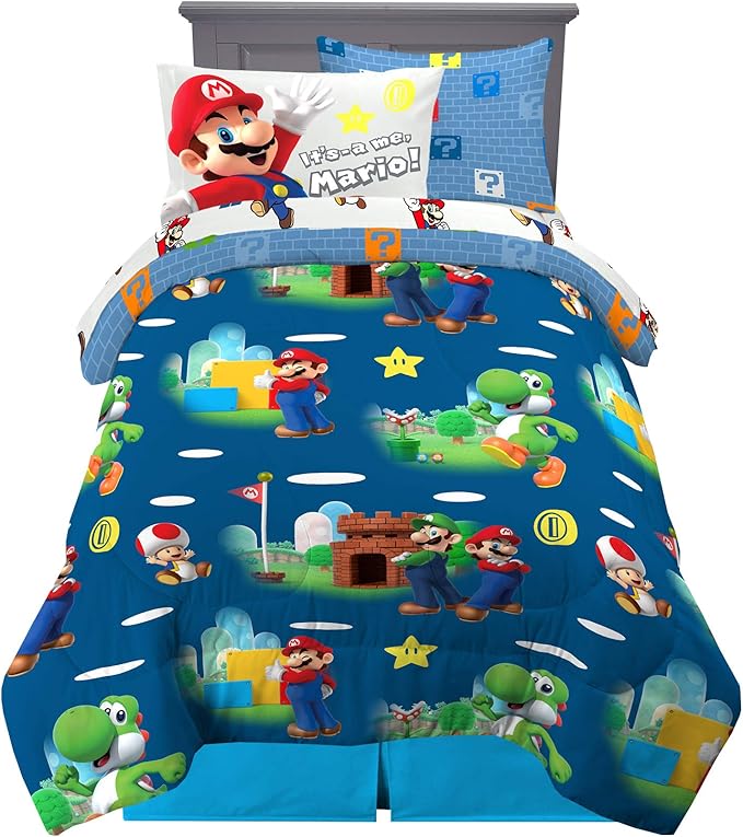 Super Mario Bros Kids Bedding Super Soft Cozy Reversible Comforter and Sheet Set with Sham, 5 Piece Twin Size Nintendo Gamer Bed Set, (100% Officially Licensed Product) by Franco