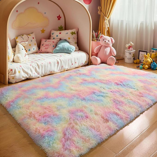 3x5 Rainbow Unicorn Rug for Girls Bedroom, Fluffy Shaggy Carpet | Area Rug for Living Room, Kids Nursery, Dorm Room, Classroom, Washable Non Slip Plush Shag Carpet
