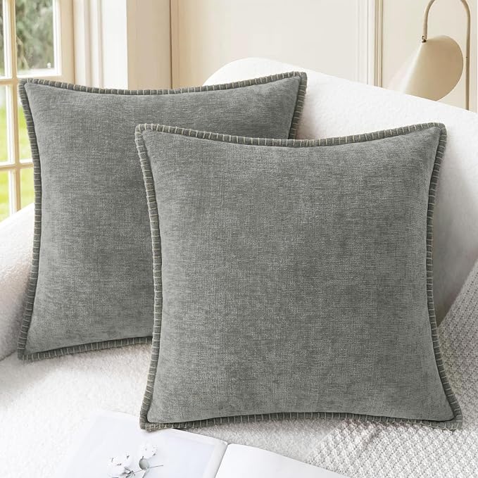 CaliTime Decorative Couch Throw Pillow Covers 22 X 22 Inches Medium Grey | Pack of 2, Cozy Chenille Cushion Cases, Cotton Thread Stitching Edges, for Sofa Bed Living Room Farmhouse