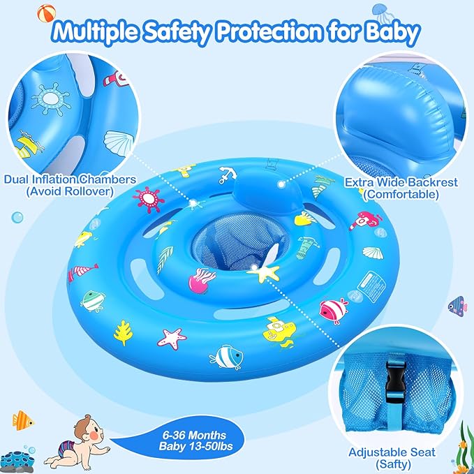 Baby Pool Float with Canopy, Inflatable Baby Swim Float with UPF50+ Sun Protection, Toddler Infant Pool Float with Toy Play Console Adjustable Safety Seat for Kids Girls Boys Aged 6-36 Months