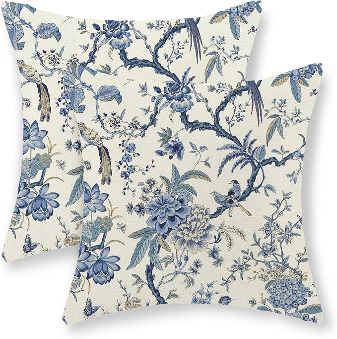 Chinoiserie Floral Bird Pillow Covers 16x16 Set of 2 Spring Chinoiserie Flowers Decorative Pillowcase Outdoor Blue and Cream Throw Pillows Farmhouse Linen Cushion Case for Couch Home Decor