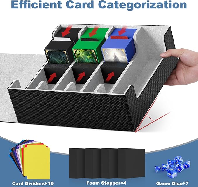 Mlikero Card Deck Case, 2400+ Trading Card Storage Box with 10 Colorful Dividers and 4 Foam Stoppers, Leather Magnetic Closure Commander Deck Box Fit for MTG, TCG (4 Rows, Black&Grey)