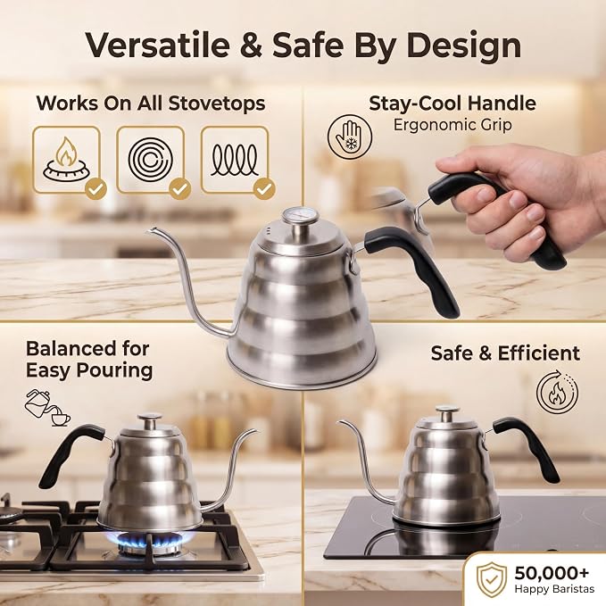 Barista Warrior Gooseneck Kettle with Thermometer - 1.2L Pour Over Coffee & Tea Kettle, 18/8 Stainless Steel Gooseneck Kettle Pot, Precision Pour Drip Spout, Suitable for All-Stoves (40 fl oz)