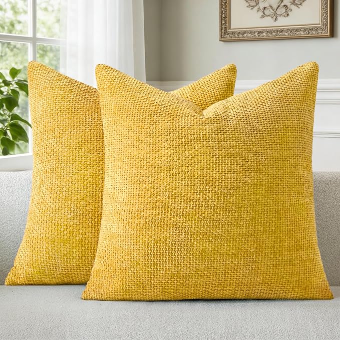 a moment Yellow Chenille Throw Pillow Covers 16x16 Inch Pack of 2 Modern Decorative Throw Pillow Covers Farmhouse Cross Covers Home Decor for Sofa Bedroom Living Room