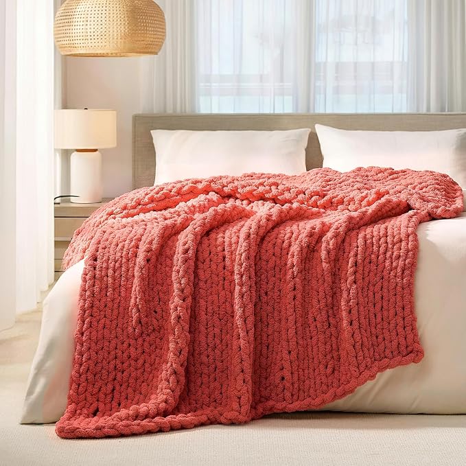 L'AGRATY Chunky Knit Throw Blanket for Couch, 60 x 80 Inches, Coral Pink | Handmade Chenille Crochet Blanket for Sofa Bed, Thick Cable Knitted Blankets for Room Home Decor, Birthday Gift for Women Mom
