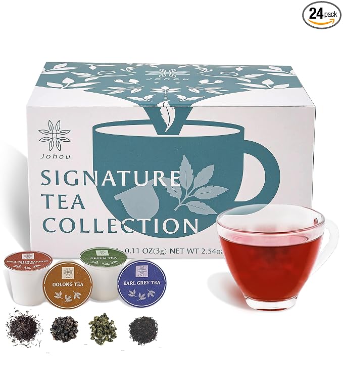Johou Tea Pods Variety Pack, 4 flavors, Compatible with All K-Cup Brewers & Keurig 2.0, 24 pods(English Breakfast, Earl Grey, Green & Oolong), Specially Ground Taiwan Tea Full-Flavor Sampler.