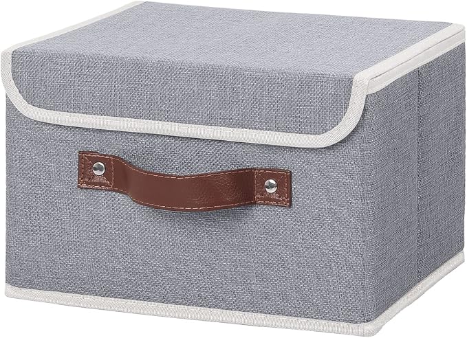 ANMINY Fabric Storage Box Bins with Lids, Gray, 10"x8"x7" | Keepsake Memory Storage, Cotton Linen, PP Board Reinforced, Washable, PU Handles, Foldable & Stackable, Decorative, Small