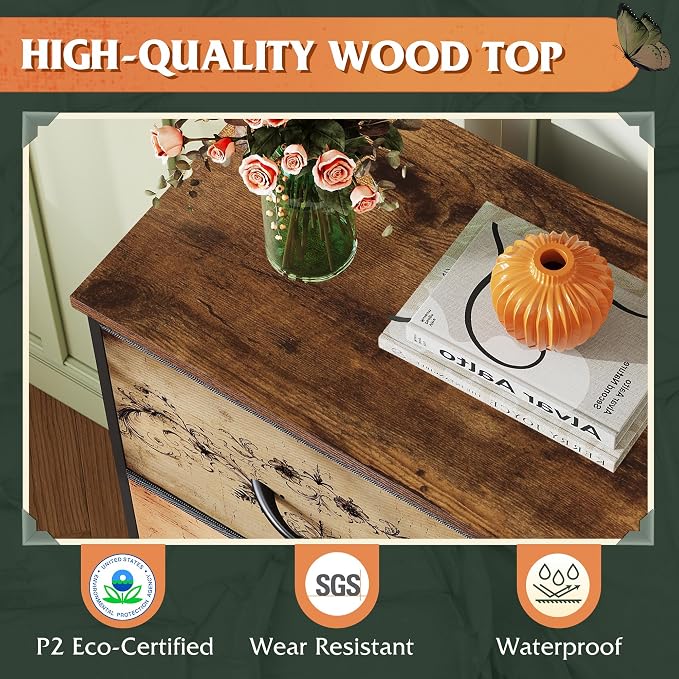 WLIVE Small Dresser Nightstand for Bedroom, 4 Drawers, Pattern | 4 vertical fabric drawers, Space-saving tower, Bedroom or closet use, Chest of drawers, Dresser for small spaces
