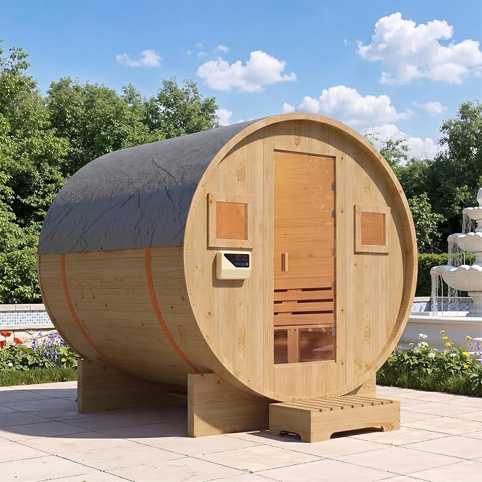 Large Capacity Outdoor Wooden Traditional Barrel Sauna for 4-6 Person Steam & Dry Heat Sauna with 6KW Heater, Sauna Stones, Thermometer – Spacious Bucket-Style Design for Backyard & Family Gatherings