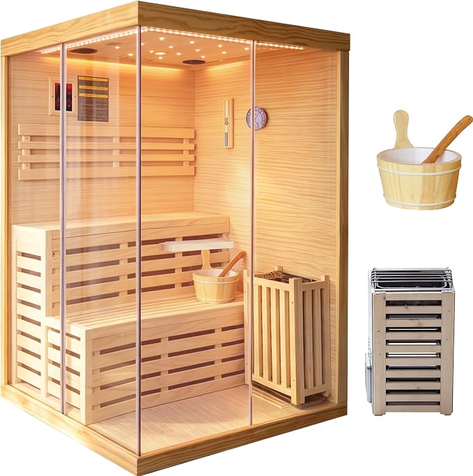 OUTEXER 2-3 Person Steam Sauna Traditional Saunas Home Spa Room Wet Indoor Saunas 7 Color LED Lights with 240V 3KW Heater,Sauna Stone,Wooden Bucket,Spoon,Thermometer,Hourglass,Cup Holder