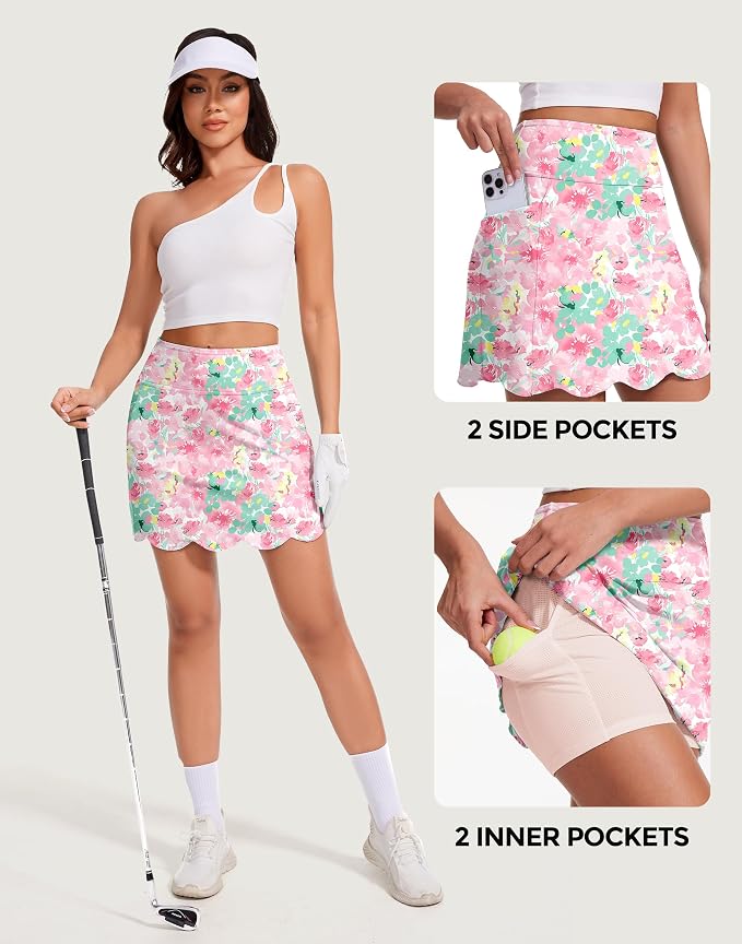 Skorts for Woman with Pockets 16" Golf Athletic Skirts Scalloped Hem Tennis Skirt Dressy Casual