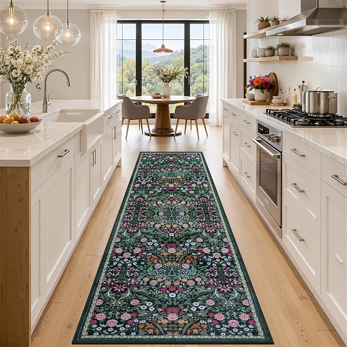 Runner Rug for Entryway: 3x10 Kitchen Rugs Non Slip Washable Ultra-Thin Soft Floral Carpet Indoor Floor Stain Resistant Carpets for Hallway Bedroom Kitchen Laundry Bathroom Dorm Dark Green