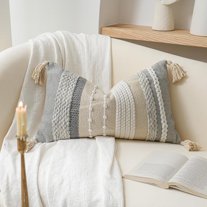 Decorative Lumbar Throw Pillow Cover 12x20 Boho Gray Accent Cushion for Couch Sofa Farmhouse Pillowcase for Bedroom Living Room Home Décor Cover ONLY