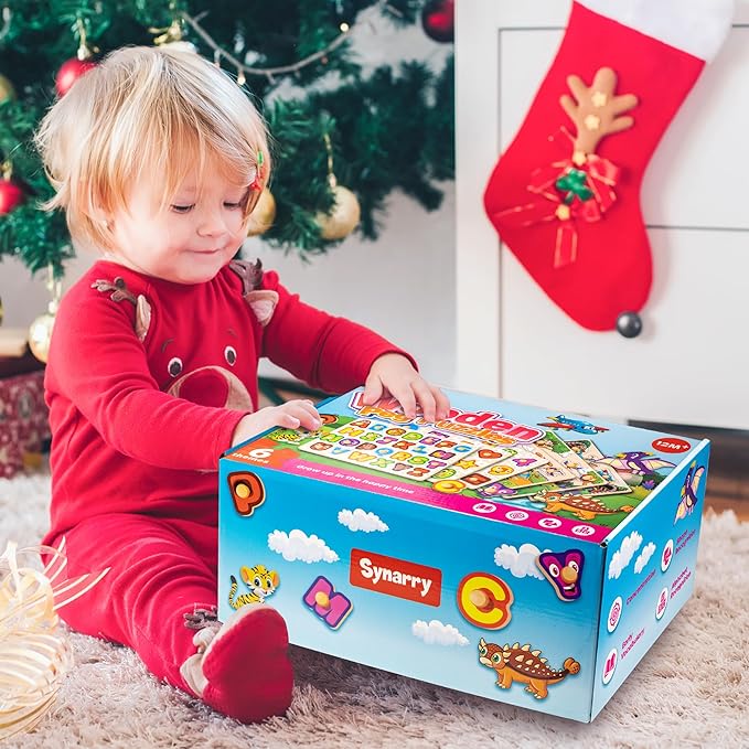 SYNARRY Wooden Puzzles for Toddlers 1-3, 6XSET Puzzles for Toddlers 2-4 with Rack, Learning Alphabet Number Shape Animal Dinosaur, Toddler Valentines Day Easter Basket Stuffers Gifts Toys for Boy Girl