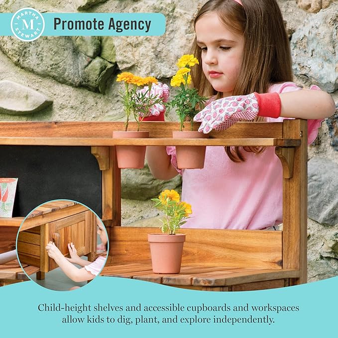 Martha Stewart Kids Outdoor Potting Bench: Acacia Wood Kids Gardening Set with Pots, Garden Tools, Soil Bin and Open Shelves | Wide Extendable Workspace | Wooden Backyard Playset for Outdoor Activity