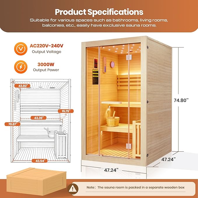 OUTEXER Steam Sauna Traditional Saunas Home Spa Room for 2-3 Person Wet Indoor Saunas 7 Color LED Lights with 240V 3KW Heater,Sauna Stone,Wooden Bucket,Spoon,Thermometer,Hourglass,Cup Holder