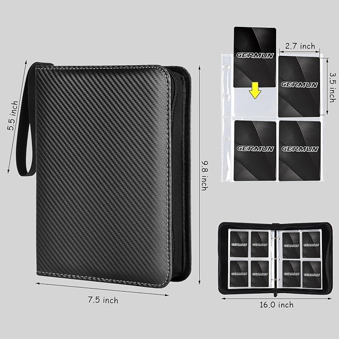 GERMUN 4 Pocket Card Binder, Premium Zip Trading Card Binder, 400 Double Sided Pocket PU Card Collection Binder, Collector Card Album, Card Folder for MTG, TCG, Sports Cards, Game Cards (Black)