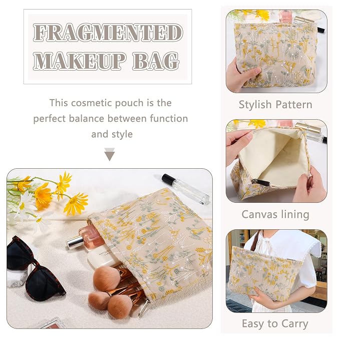 ZLFSRQ Silk Flower Makeup Bag Travel Cute Cosmetic Bags for Women Large Toiletry Pouch Zipper Cosmetic Pouch for Purse Aesthetic Makeup Organizer Bag Portable Toiletry Bags