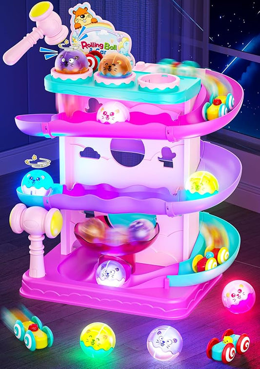 Funwee 2-in-1 Rolling Ball & Racing Car Ramp Toy for Toddlers, Race Track Hammer Lights Ball Drop, Interactive Montessori Learning Game Birthday Gift Idea for Kids 2 3 4 5+Year Old Girl Boy(Pink)