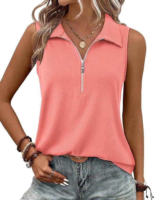Vivilli Womens Ribbed Tank Top Zipper V Neck Dressy Casual Blouses Sleeveless Camisole Tops Work Tank Polo Shirts