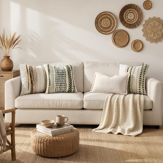 ANRODUO Boho Decorative Throw Pillow Covers Plush Green 20x20 Pack of 2 | Chenille Tufted Couch Pillow Covers, Farmhouse Pillow Covers, Accent Neutral Pillowcase, Cushion Covers for Couch Sofa Bed