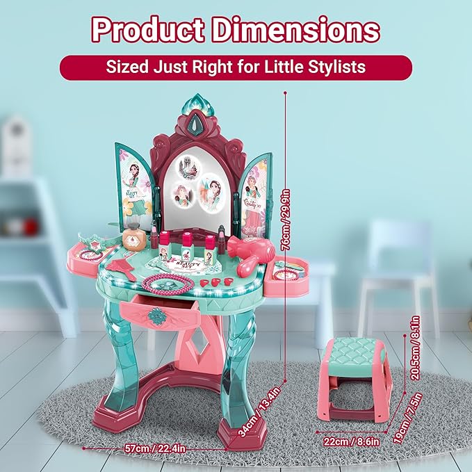 OLEOCA Toddler Vanity Table for Girls — Princess Makeup Playset with Light & Sound Mirror, Magic Sensor, Stool & Accessories, Pretend Beauty Toy for Ages 3+