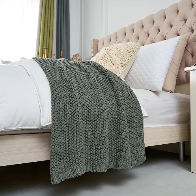 Chunky Cable Knit Throw Blanket Lightweight Grey 100% Organic Cotton Blanket for Sofa Couch Bed Baby Nursery, Rustic Shabby Chic Modern Farmhouse, Gray 51” x 63” Give Laundering Bag